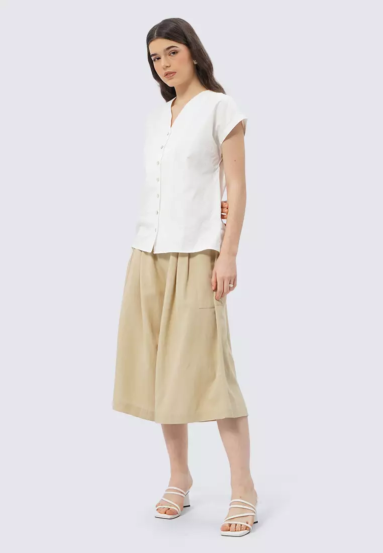 V-Neck Short Sleeve Blouse OFF WHITE