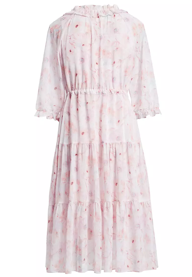 Ruffled Collar Waist Tie up Floral Midi Dress