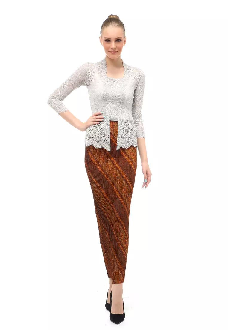 Hara Kebaya Seri 1 Motif Brokat Long Sleeves Atasan Wanita Transparan Premium Quality - Abu