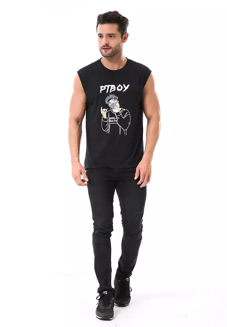 Bobby Atasan Kasual Pria Singlet Motif Ptboy Sleeveless Tshirt Material Cotton ORIGINAL - Black