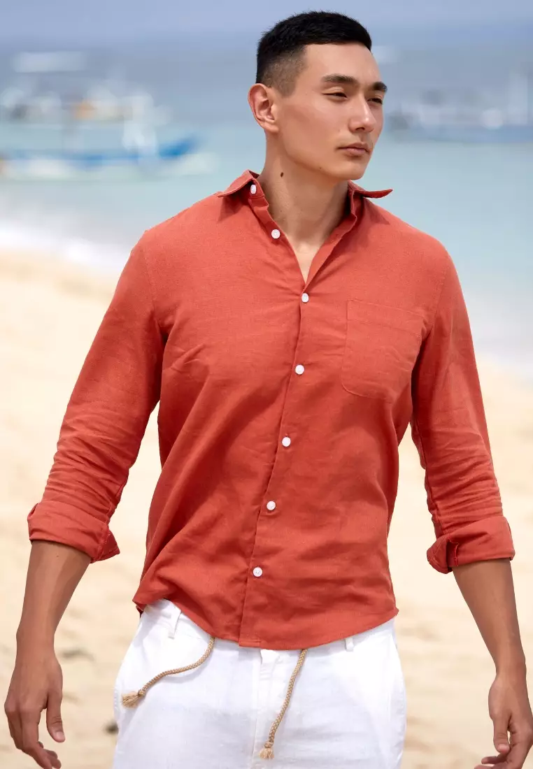Terracotta Kemeja Linen Lengan Panjang Pria Merah Bata | Linen Long Sleeve Shirt Men Red