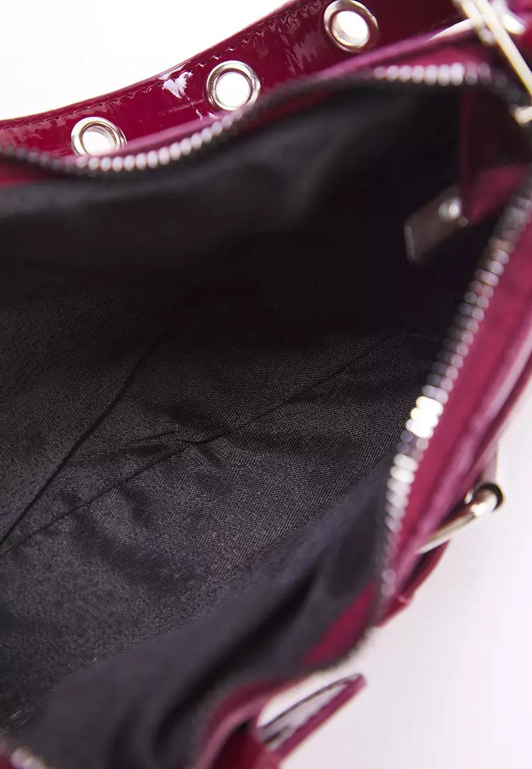 Burgundy Eyelet Belt Buckle Detailed Women's Baguette Shoulder Bag Takss25Oc00069