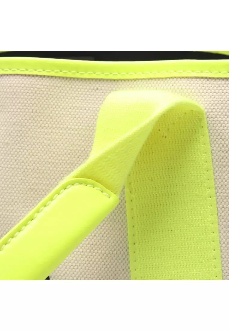 Pre-Loved BALENCIAGA NAVY CABAS S navy hippopotamus Handbag tote bag canvas leather ivory yellow Neon color