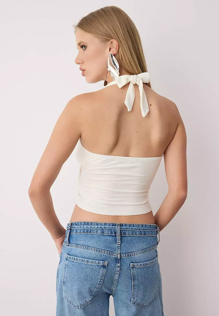 White Double-Breasted Collar Accessory Detailed Knitted Party Blouse