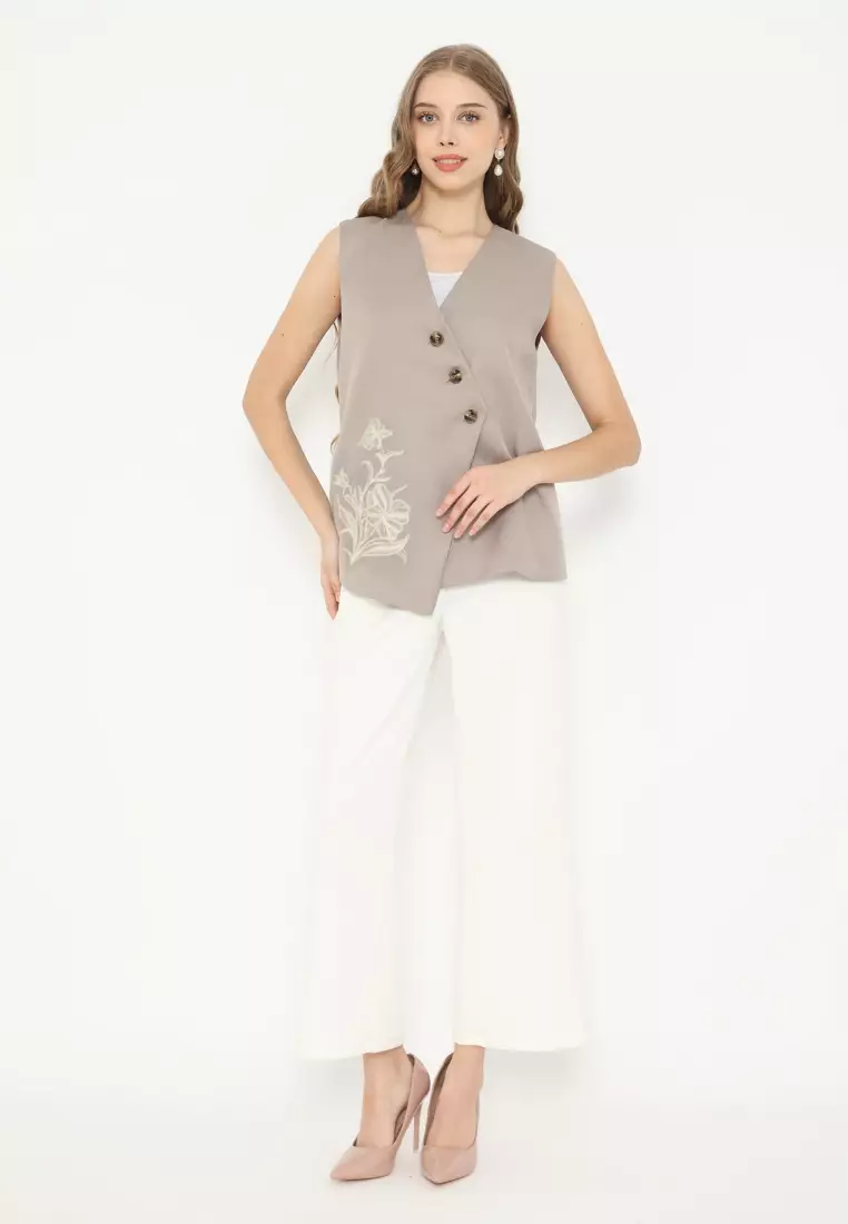 Vest Asymetrical With Floral Embroidery In Mocca By Brilliant Girl Warna MOCCA