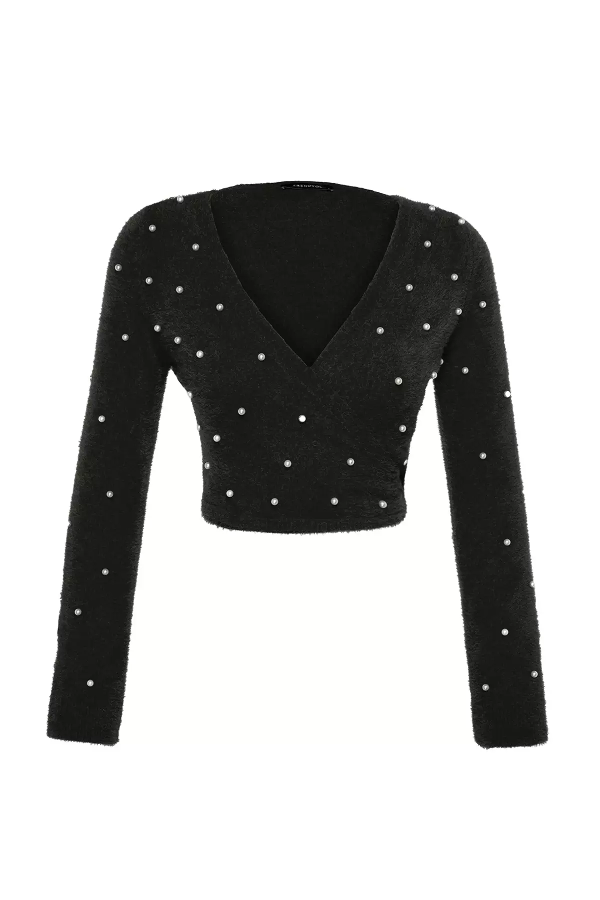 Faux Pearl Crop Wrap Knit Sweater