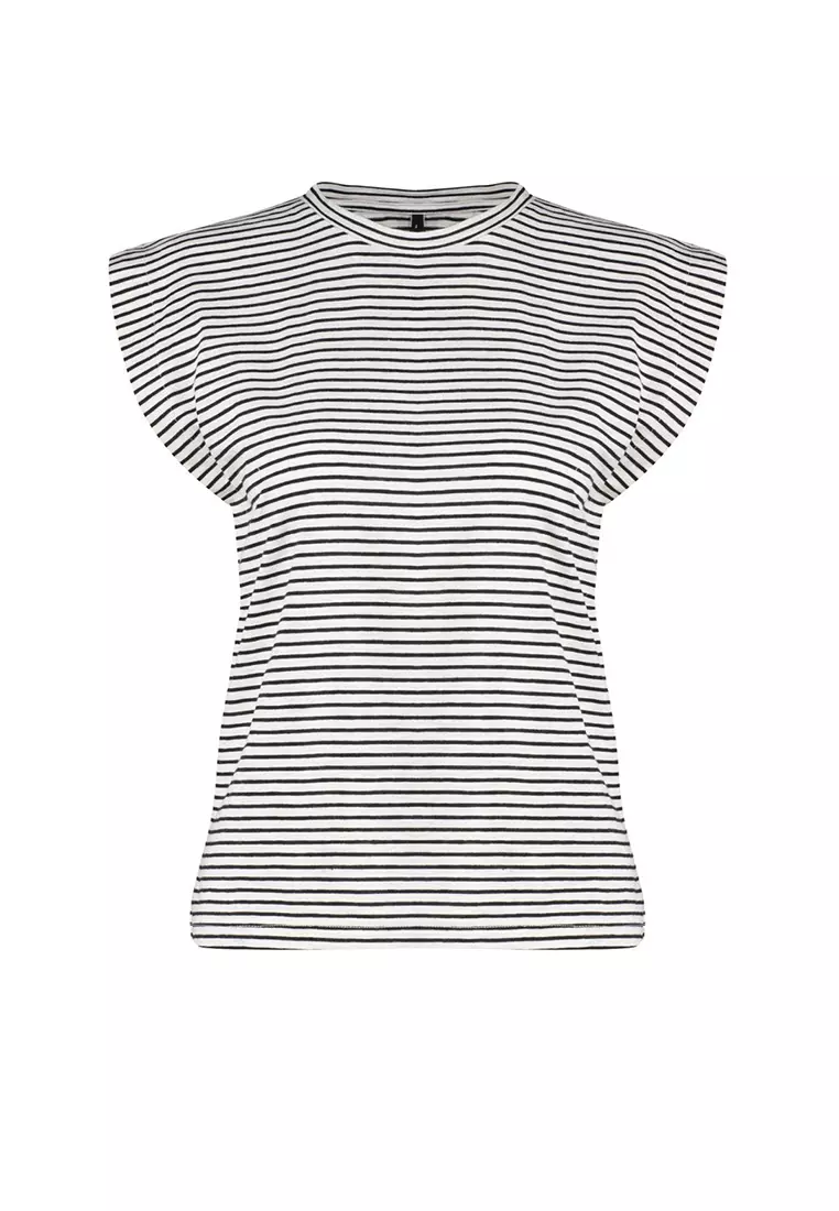 Multi Color 100% Cotton Striped Wadding Look Basic Crew Neck Knitted T-Shirt TWOSS20TS0021