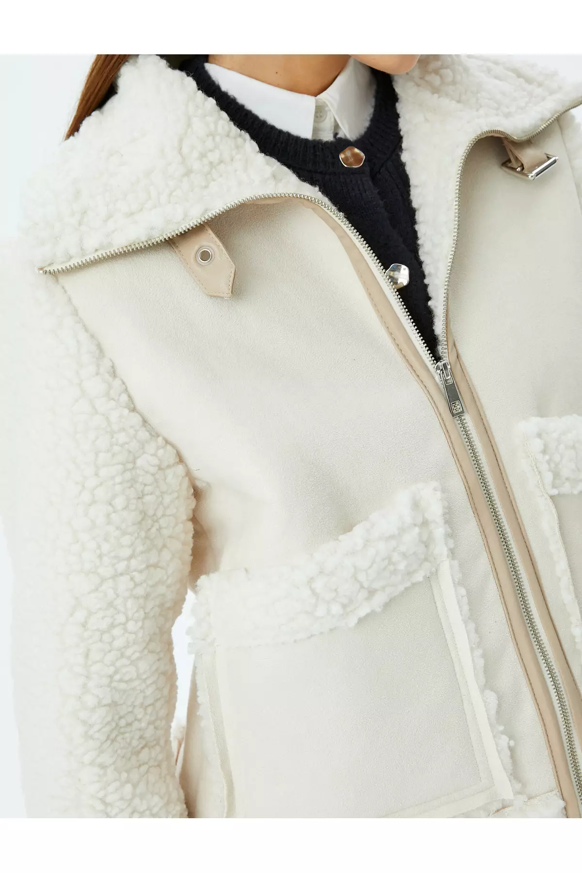 Suede Look Plush Inside Stand Collar Zippered Pocket Jacket