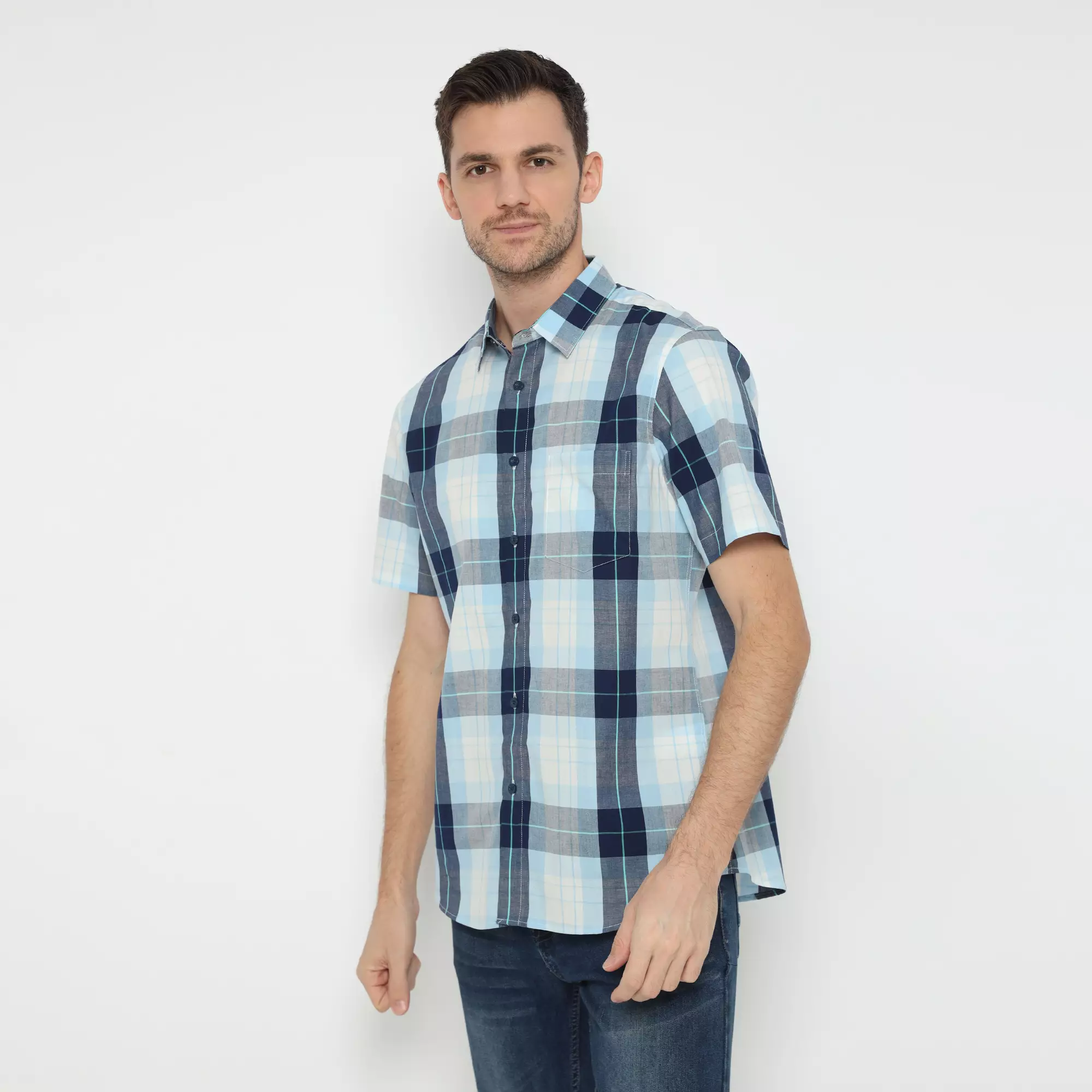 Platini Kemeja Kotak-Kotak Pria Lengan Pendek  Sky Blue 71003