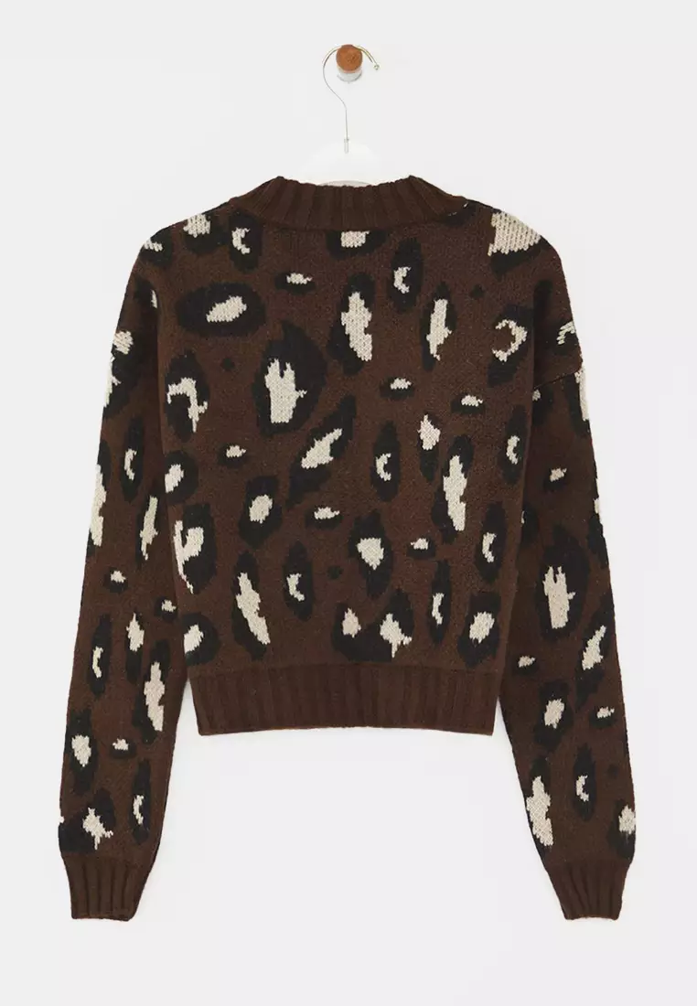 Brown Leopard Print Crop Soft Textured Knitwear Cardigan