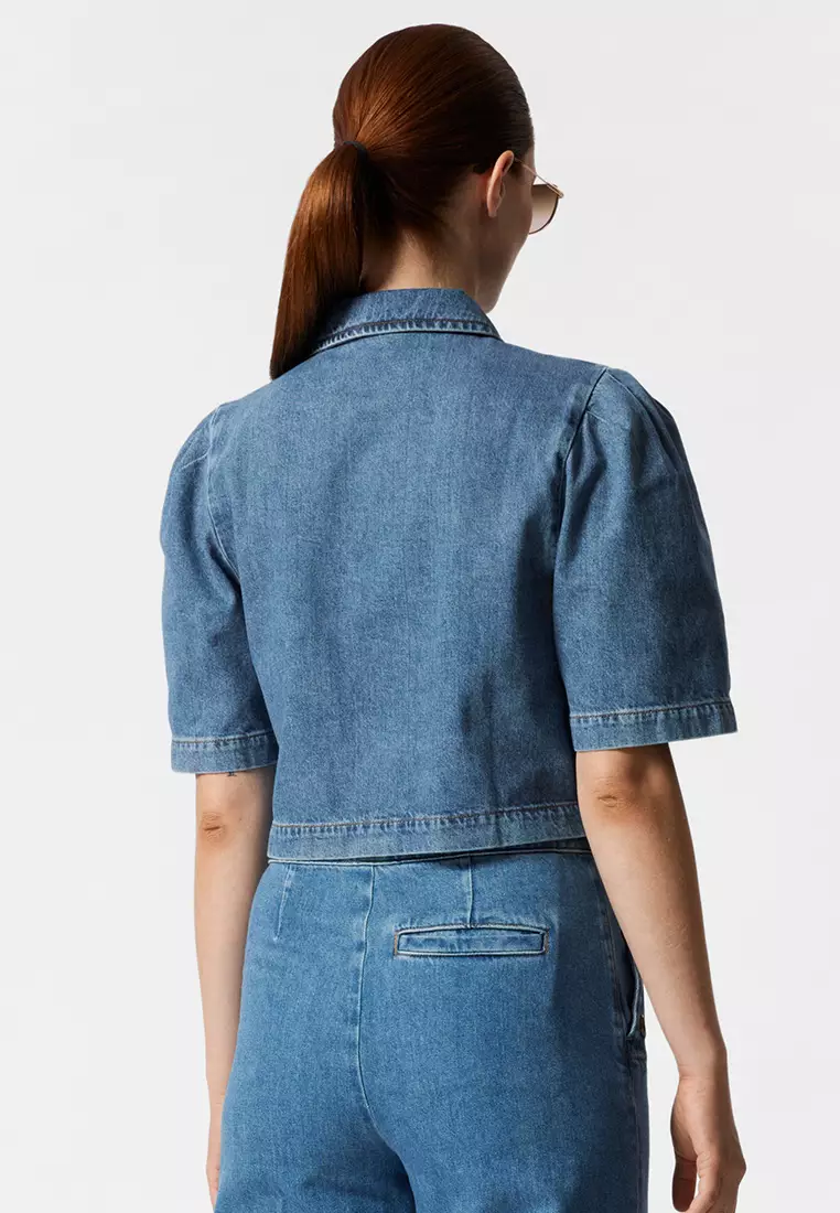 Puff-Sleeve Denim Blouse