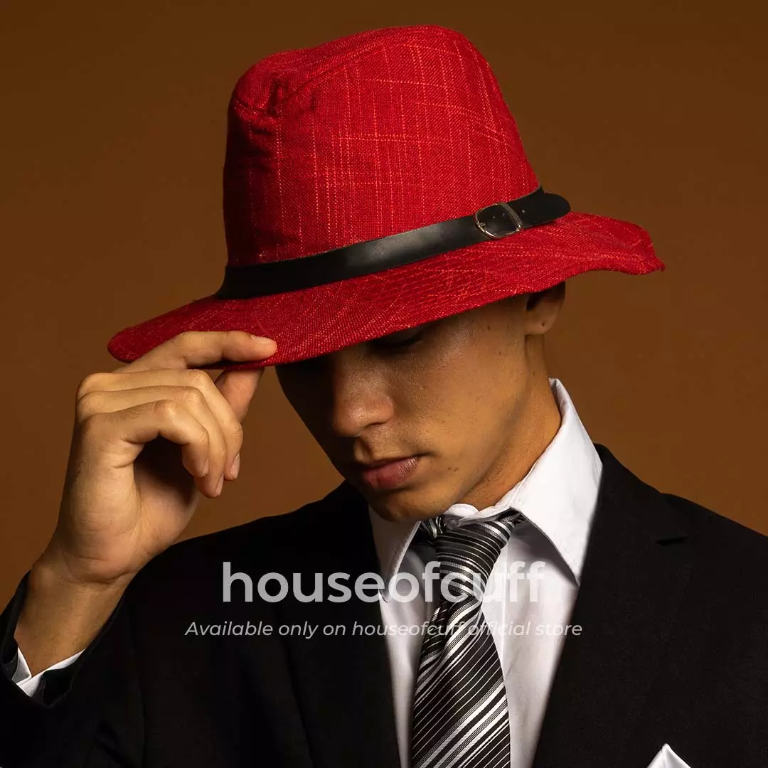 Houseofcuf Topi Panama Hat Fedora Pantai Lebar Unisex Merah List Hitam
