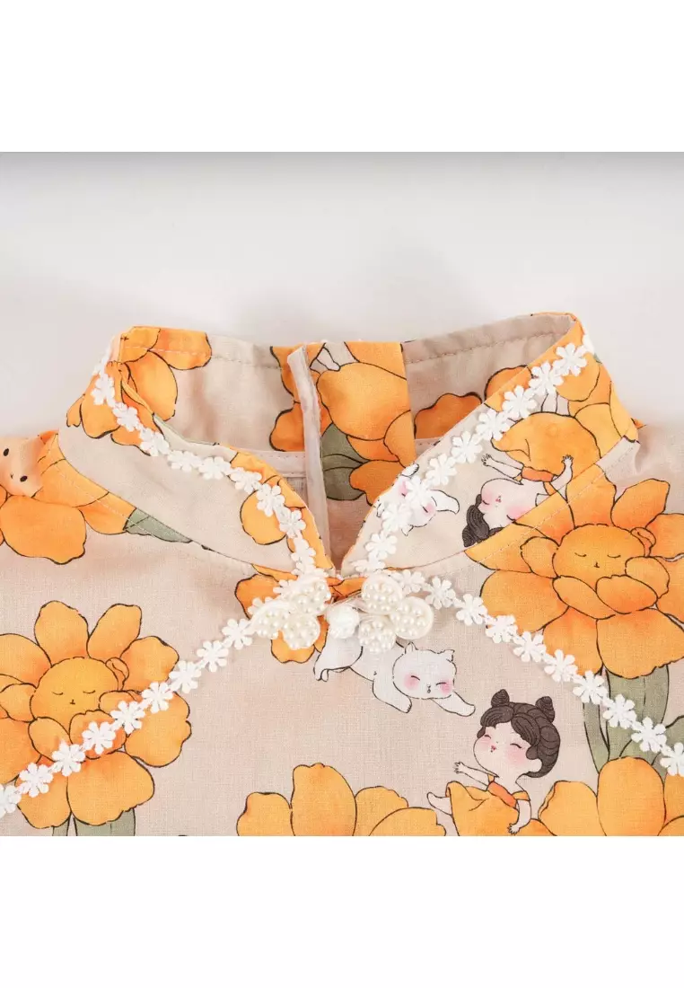 向日葵小女孩與貓嬰兒兒童女童旗袍連衣裙0846