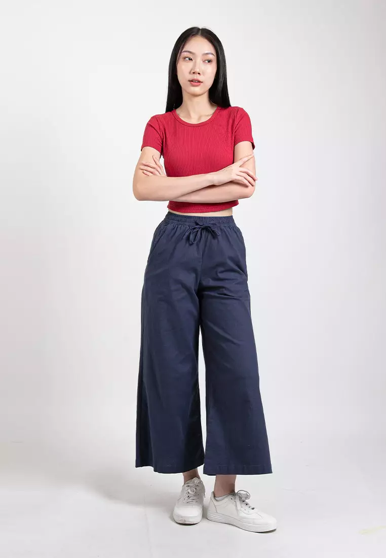 Forest Ladies Stretchable Cotton Linen Elastic Waist Wide Leg Pants Women Long Pants | Palazzo - 810473-33Navy