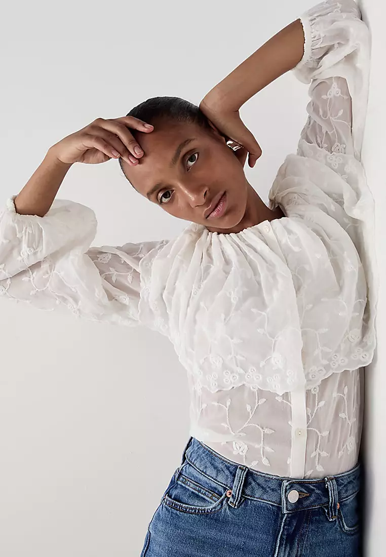 Lace Crew Neck Ruffle Blouse