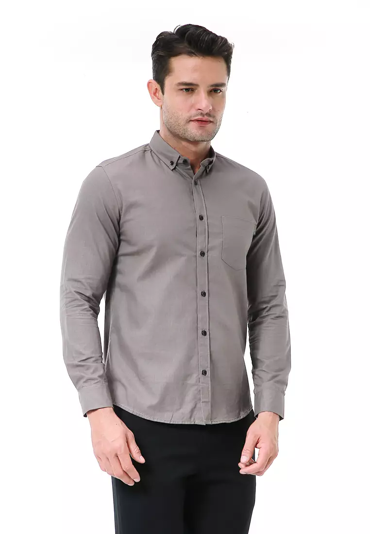 Leopold Kemeja Basic Pria Motif Polos Long Sleeve Material Cotton ORIGINAL - Dark Gray