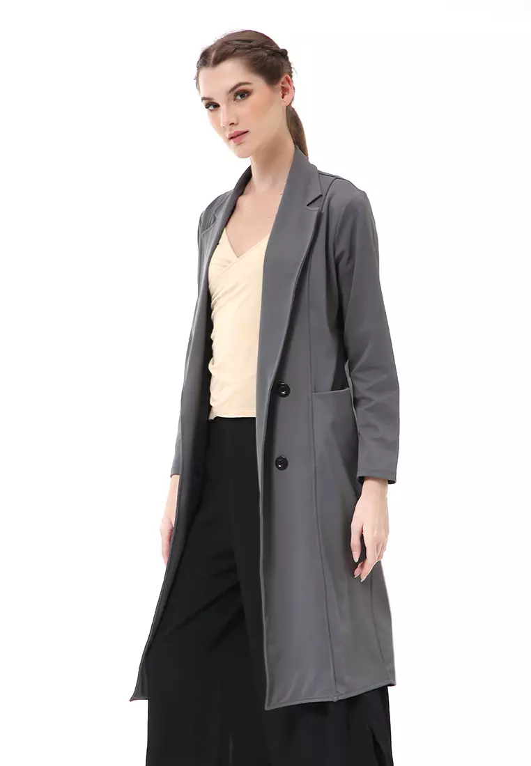 Myra Outerwear Wanita Long Blazer Desain Kancing Plain Motive Material Wedges ORIGINAL - Dark Gray