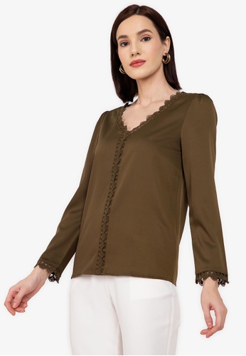 ZALORA WORK green Lace Trim Blouse BB503AADE7732BGS_1