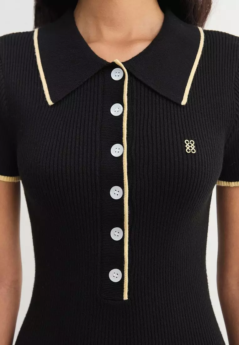 Collared Button Front Knit Midi Dress - Black