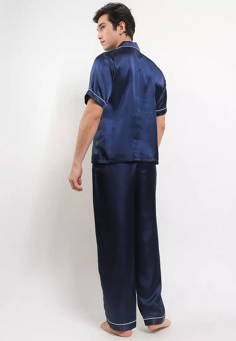 Pyjama Pijama Baju Tidur Satin Silk Short Sleeve Long Pants Mens Sleepwear
