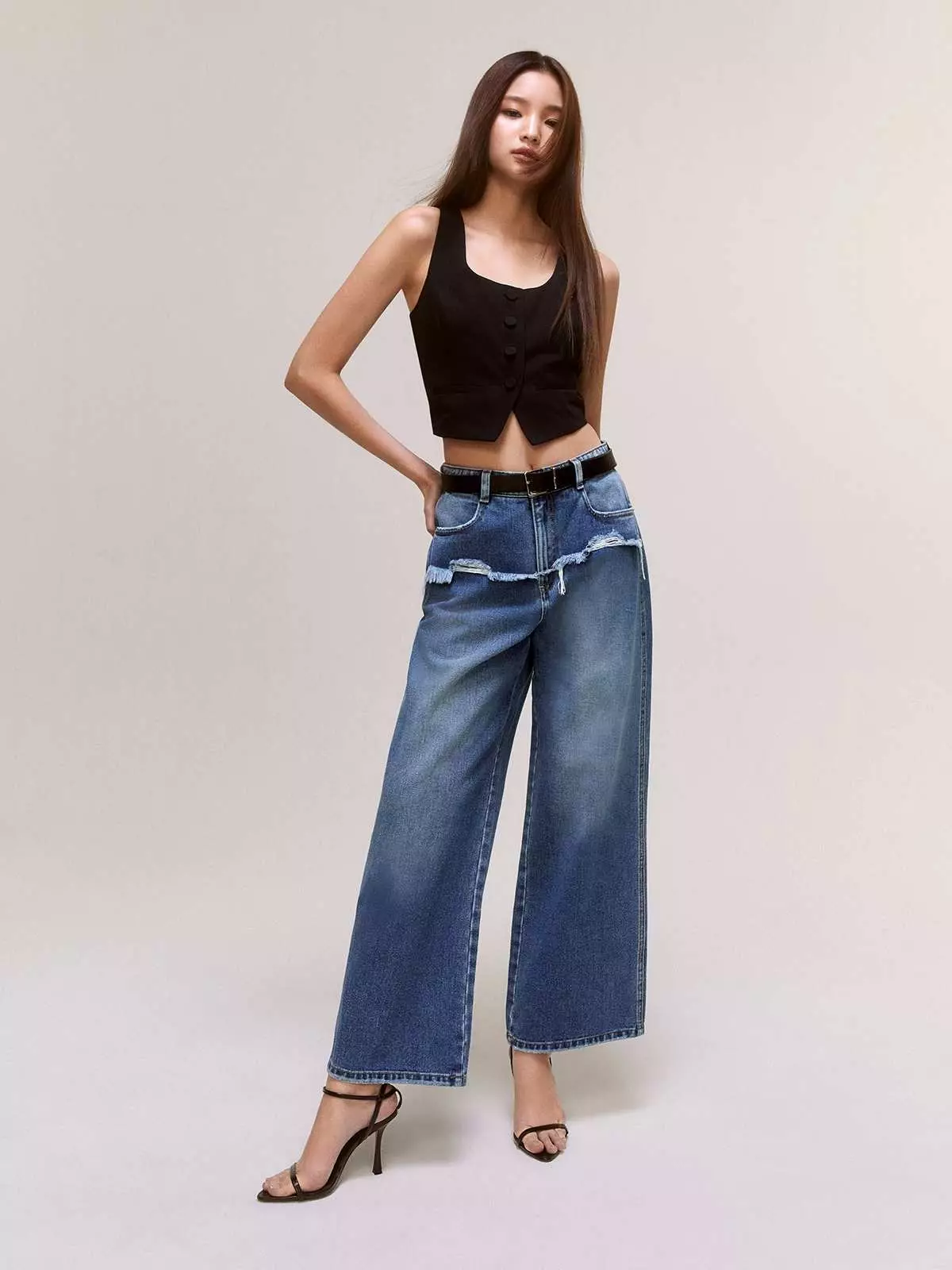 Pomelo - Celana Wanita - Ripped Wide-Leg Jeans - Blue