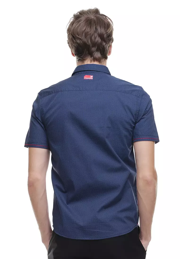 Johnwin Kemeja Casual Lengan Pendek Motif Abstrak Biru Merah