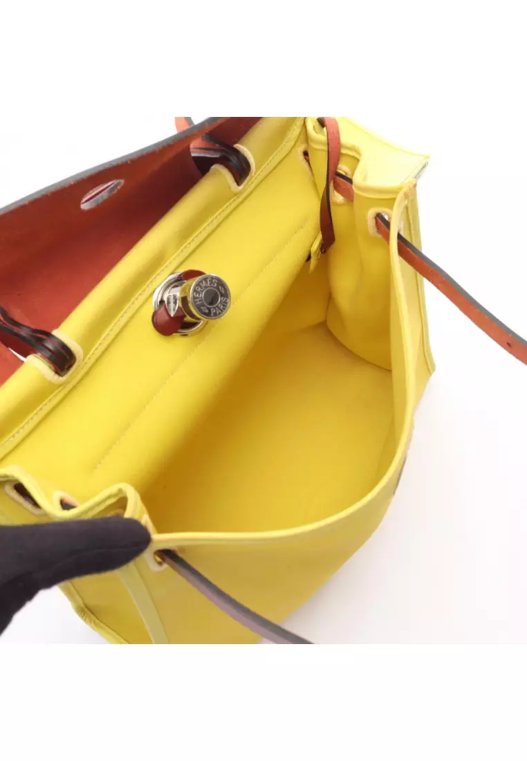 Pre-Loved Hermès herBag Zip PM lime Handbag Toile Officier vache hunter yellow Red brown silver hardware 2WAY X stamp