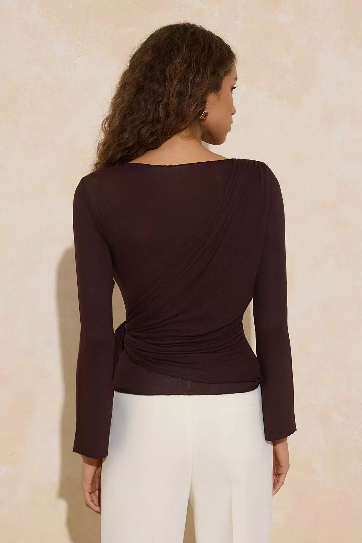 Brown Transparent Regular/Normal Fit Knitted Blouse With Tie Detail Twoss26Bz41