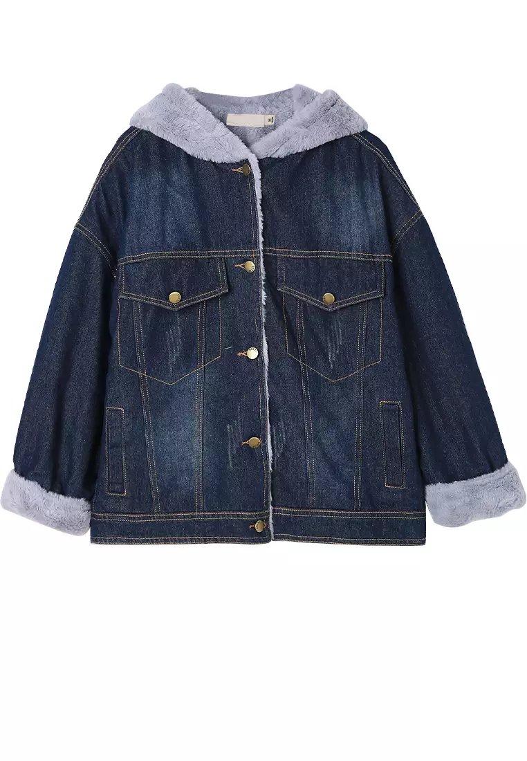 Buy A-IN GIRLS Embroidered Hooded And Velvet Denim Jacket Online ...