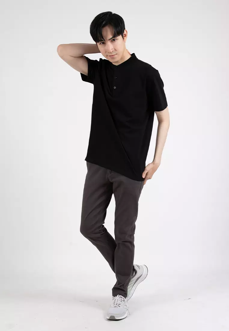 Forest Premium Weight Cotton Stretchable Mandarin Collar T Shirt Men Slim Fit Tee | 23856-01Black