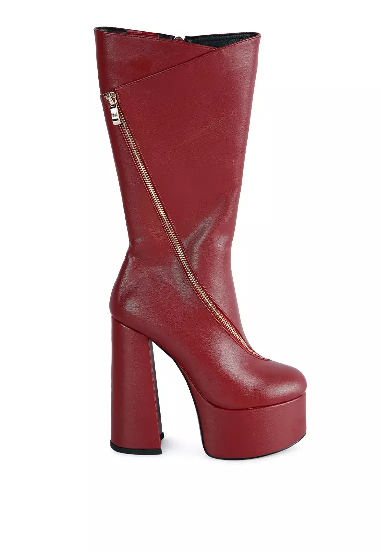Discount on London Rag  shoes - SKU: Burgundy Faux Leather High Heeled Platform Calf Boots