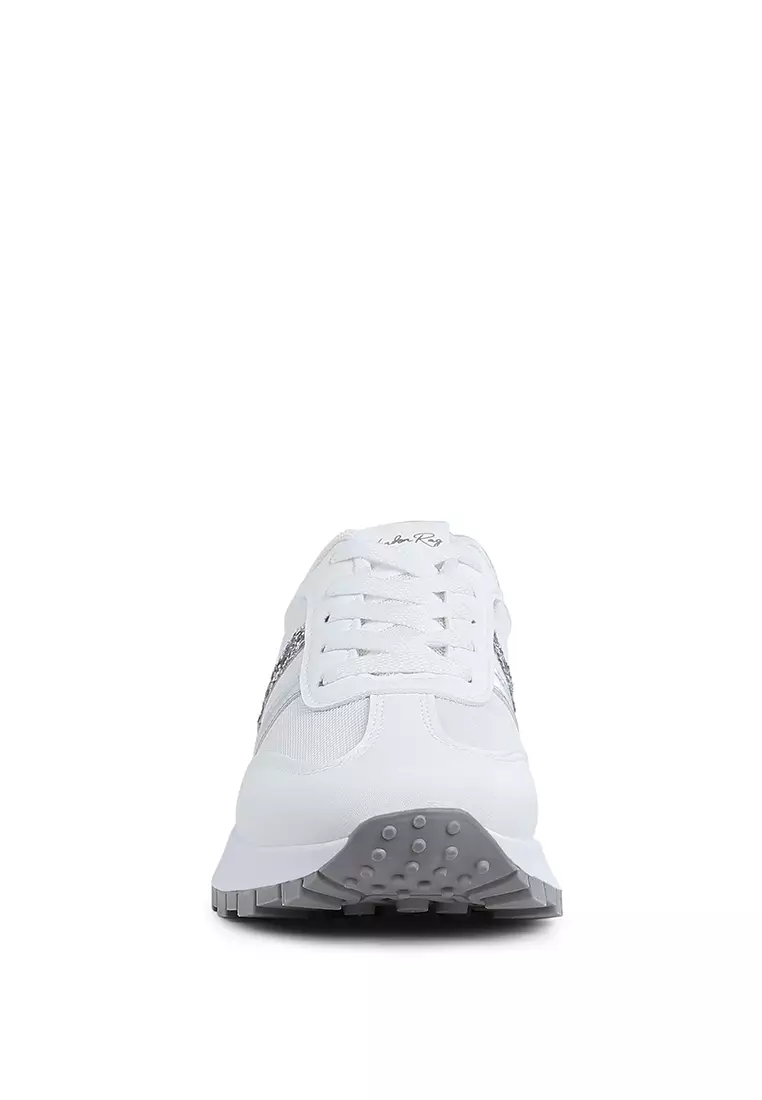 Glitter Detail Chunky Sneakers in White & Silver