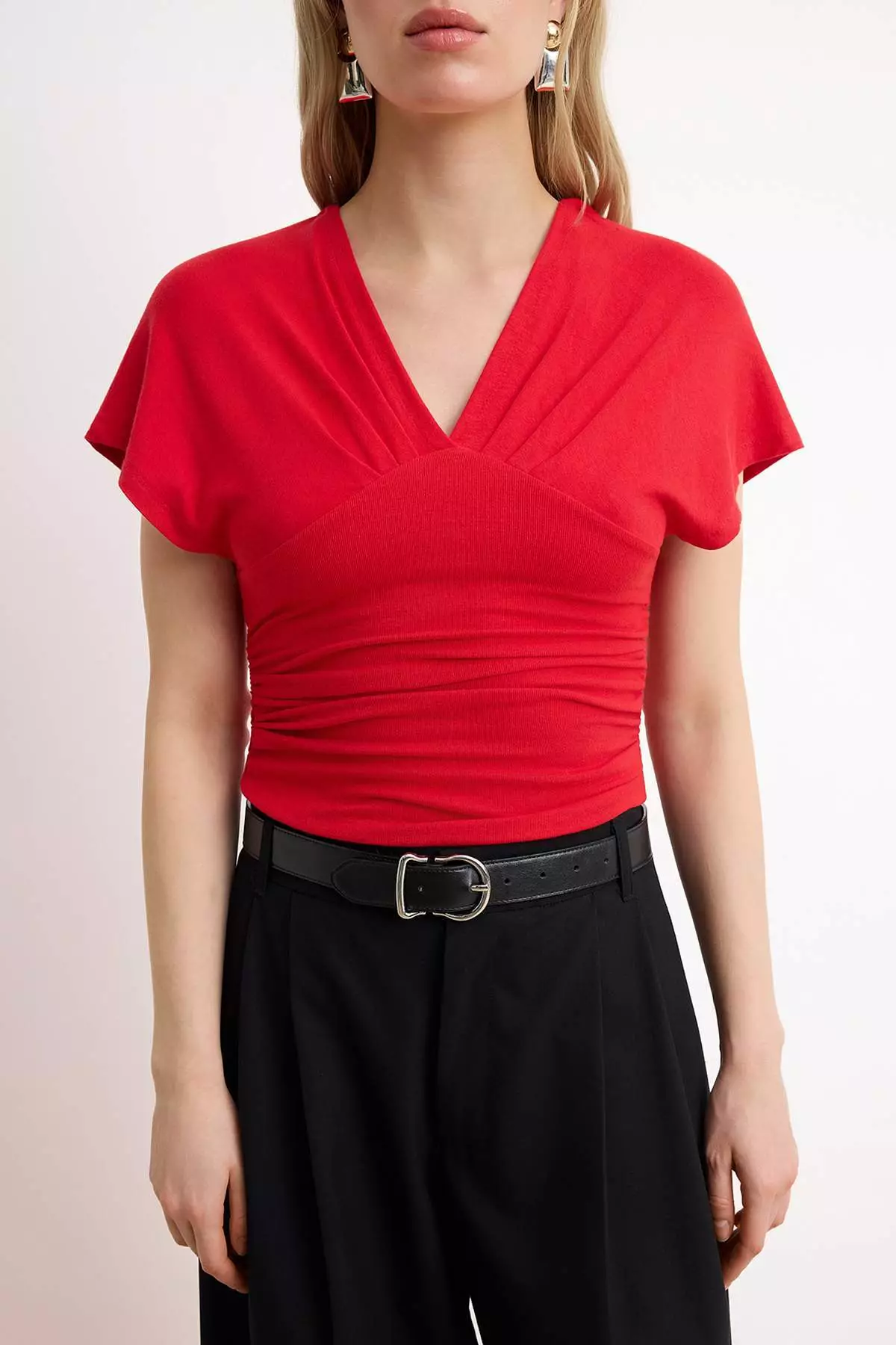 Red Fitted/Bodycon Shirred/Drape Detail Knitted Blouse Twoss25Bz65