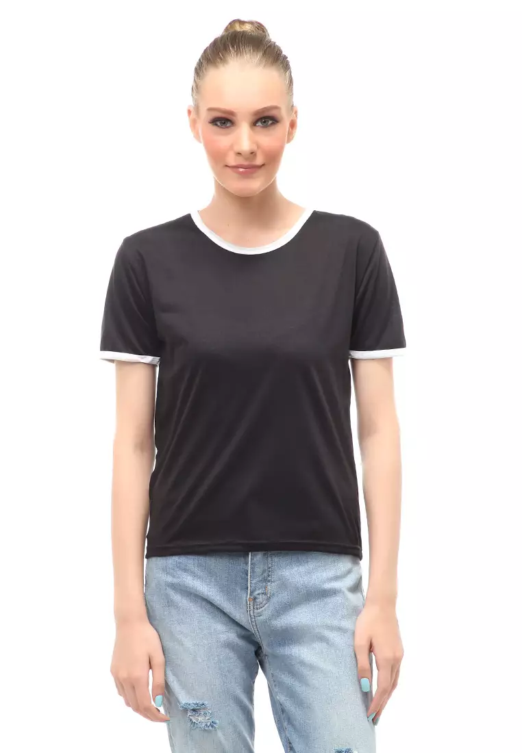 Kaos Oversize List Short Sleeves Design Simple Relaxed Fit - Hitam