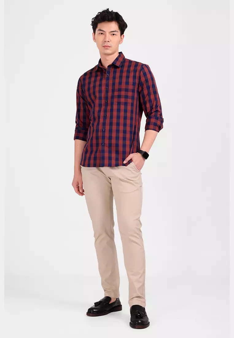 MANZONE - Kemeja Lengan Panjang Pria Austin Slim Fit - Maroon Warna Maroon