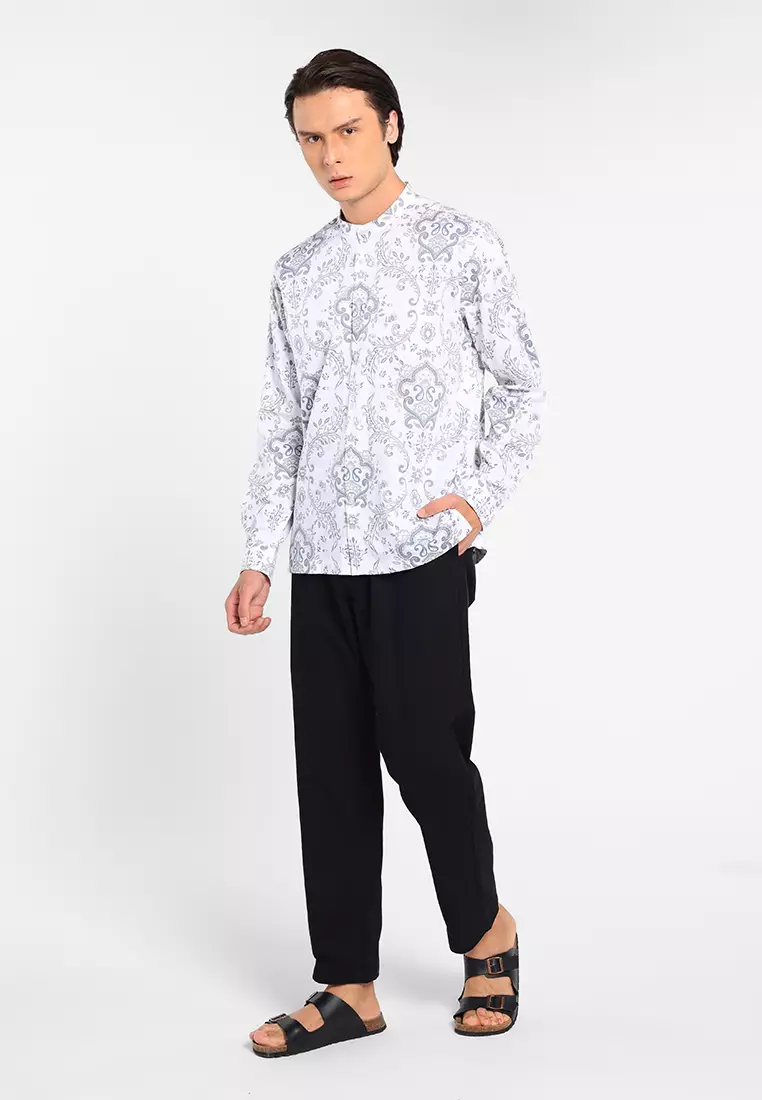 MANZONE X Adipati Dolken - Kemeja Koko Shanghai Lengan Panjang Pria Tazkia Comfort Fit - White Warna White