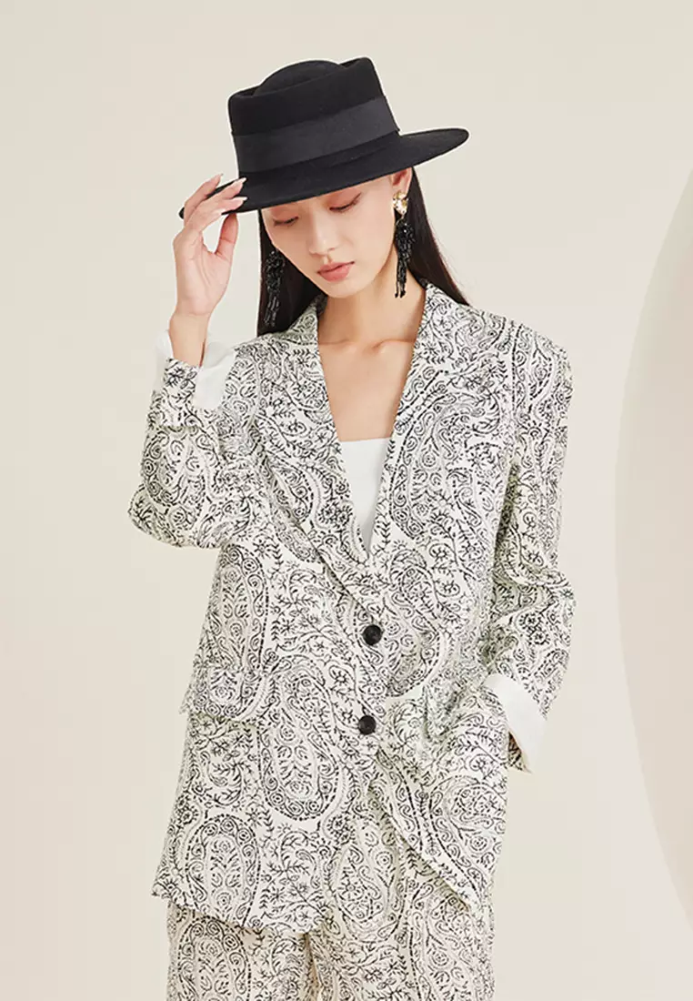 White floral top print blazer womens