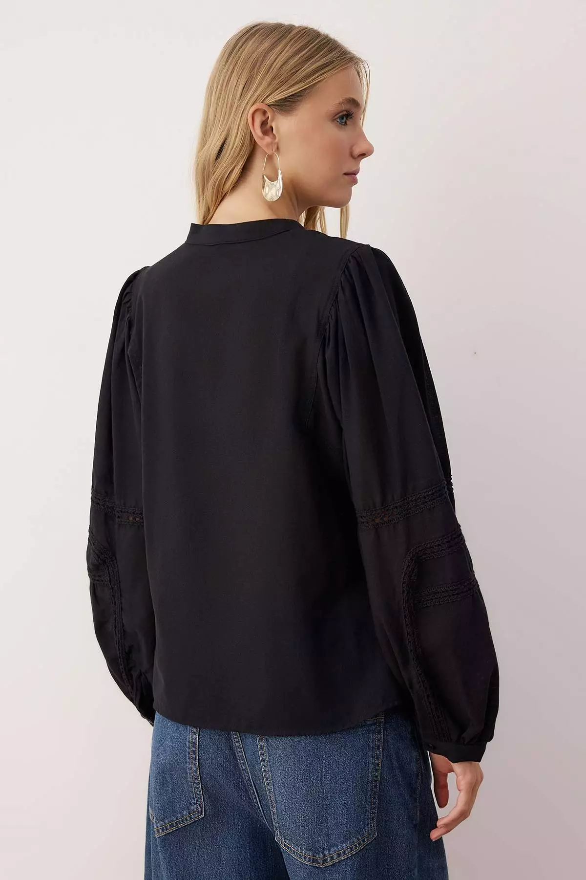 Black Sleeve Lace Stripe Detailed Boho Shirt