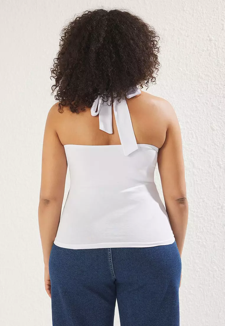 White Single Jersey Neck Knitting Plus Size Blouse TBBSS25AF00009