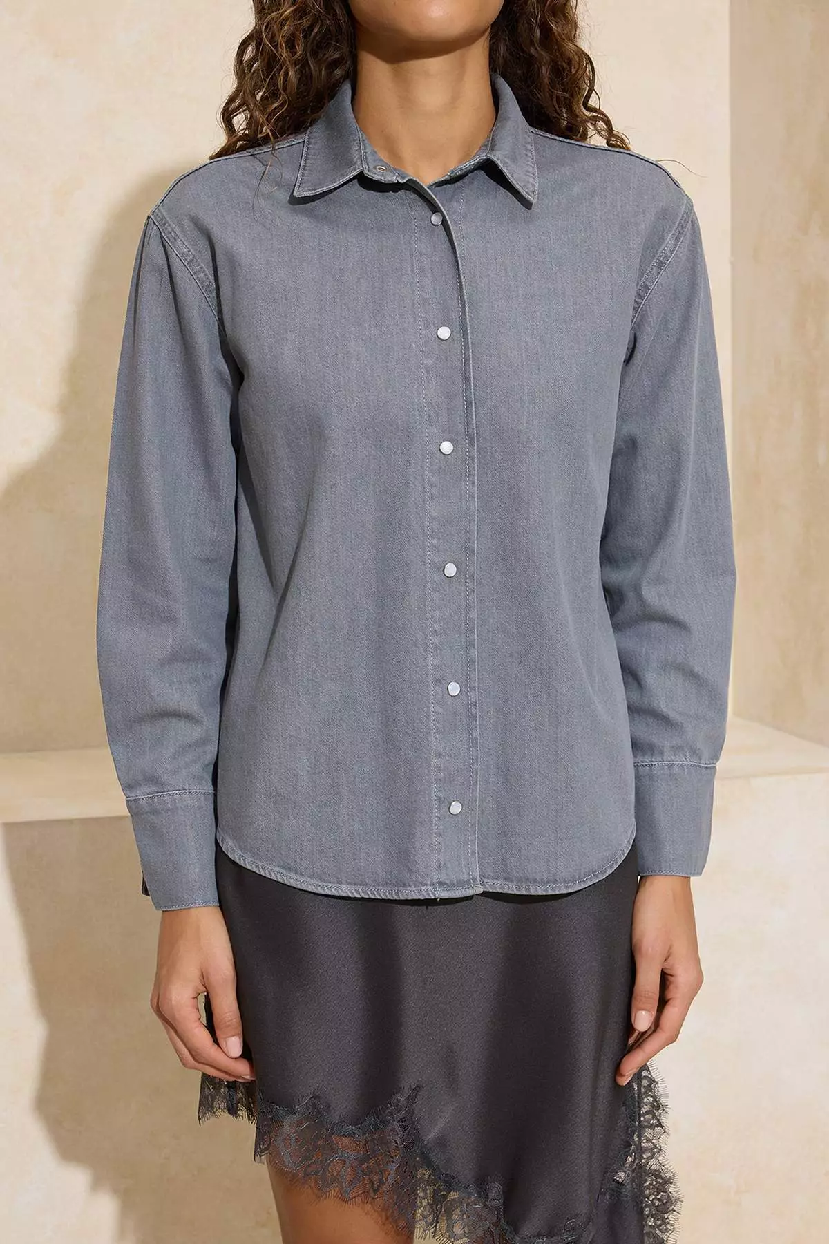 Gray Oversized Basic 1% Cotton Denim Shirt Twoss26Go5