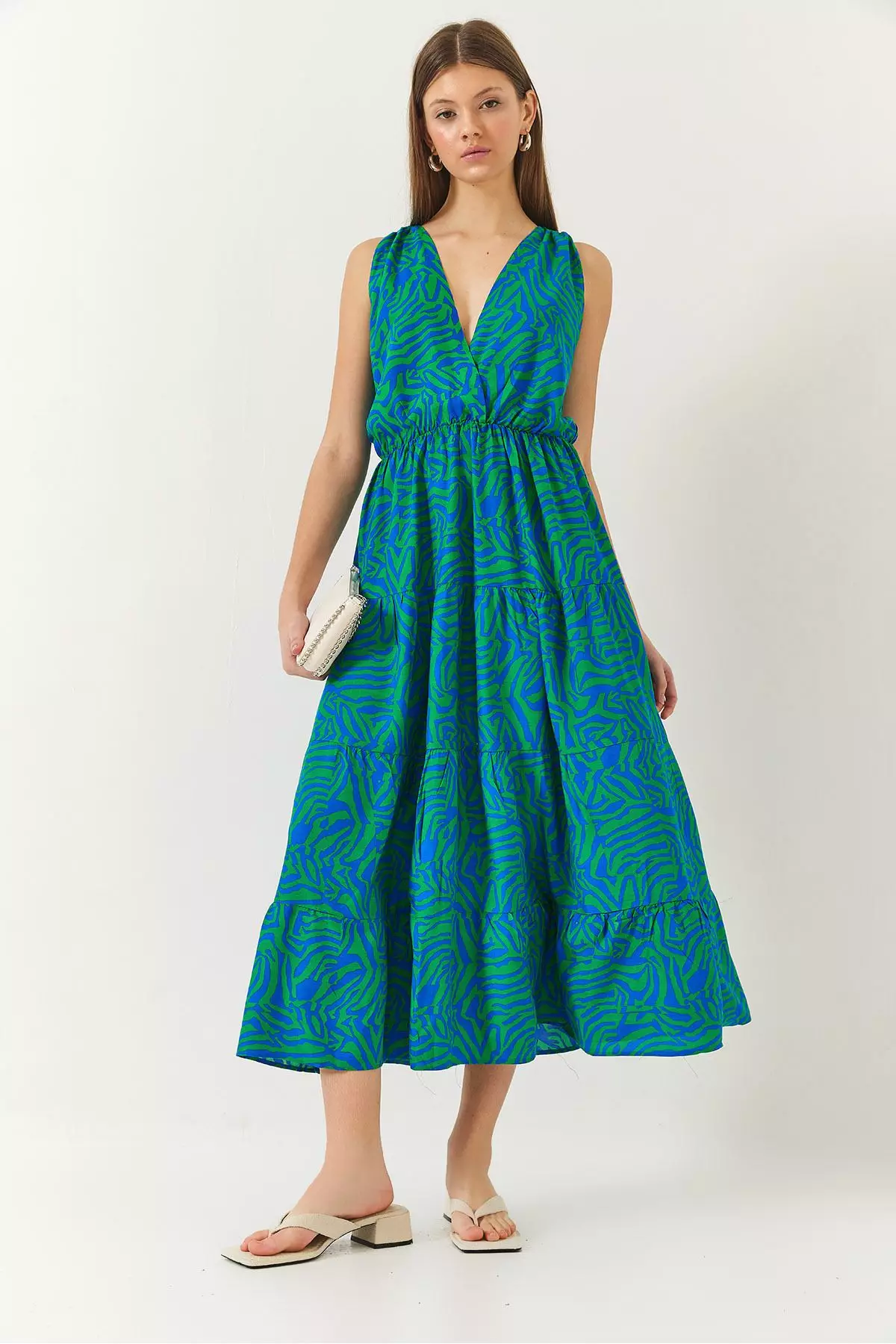 Women's Double Breasted Neckline Elastic Waist Back Rope Tie Print Dress 60261428