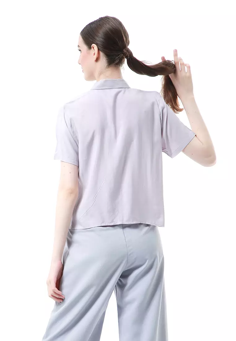 Melinda Kemeja Crop Top Atasan Wanita Motif Polos Relaxed Fit - Grey