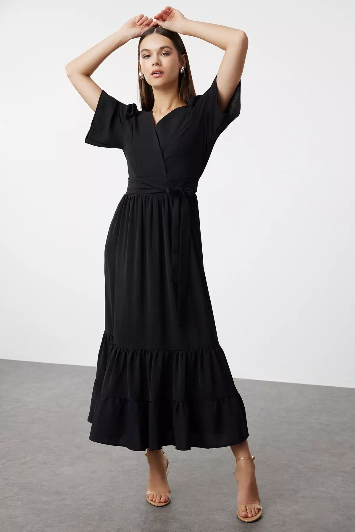 Half Sleeves Wrap Midi Dress