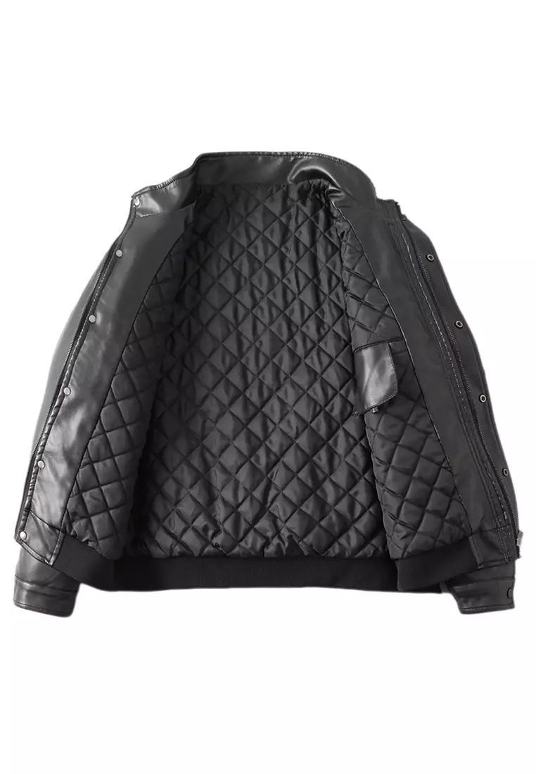 Thick Faux Leather Stand Collar Jacket MJ6803-1