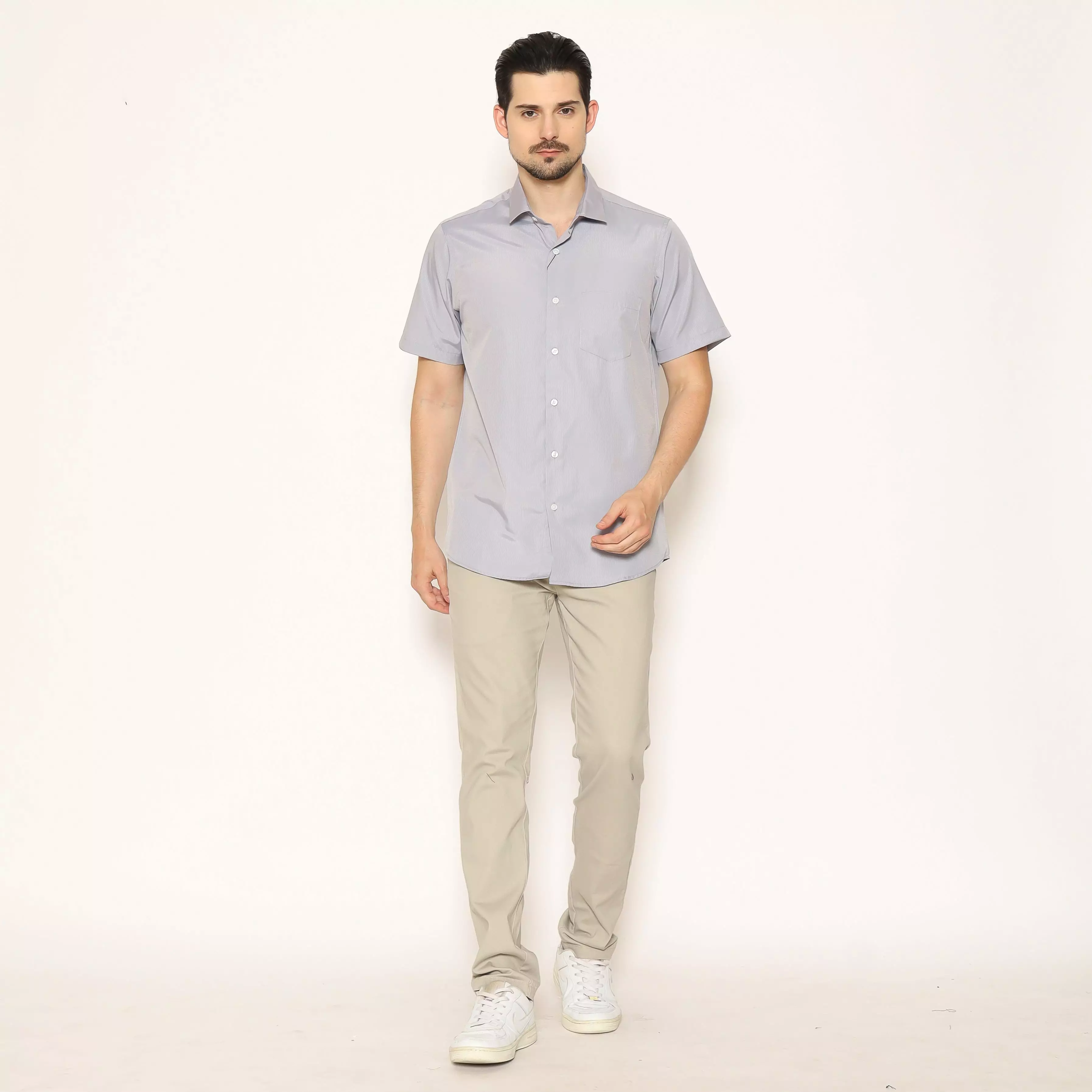 MAGINOT Kemeja Pria Basic Stripe Lengan Pendek GREY