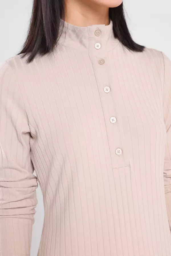 Minimal - Ribda - Rib Dress Lengan Panjang - Beige Warna Beige