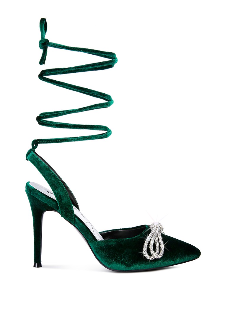 Green High Heeled Jewel Velvet Mules