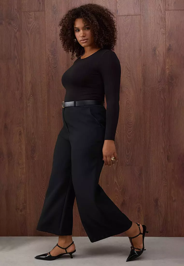 Special Collection Black Wide Leg Premium Belted Plus Size Trousers