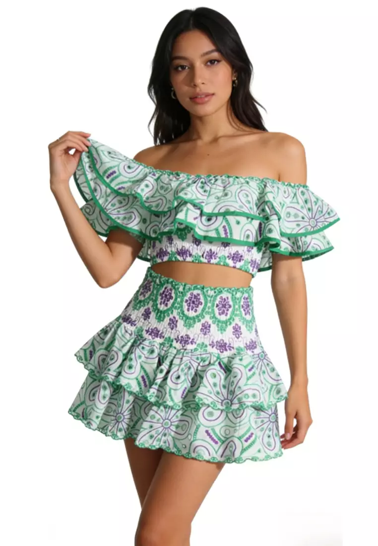 Off Shoulder Eyelet Embroidery Two-Piece Set CA26022443GR