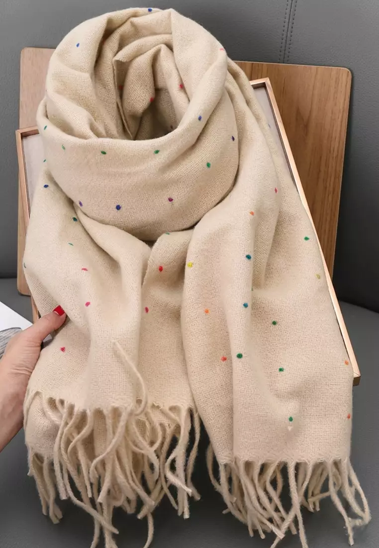 Aksesoris Wanita Polka Dots Cashmere Pashmina Syal Wanita Tebal Kasmir Beige
